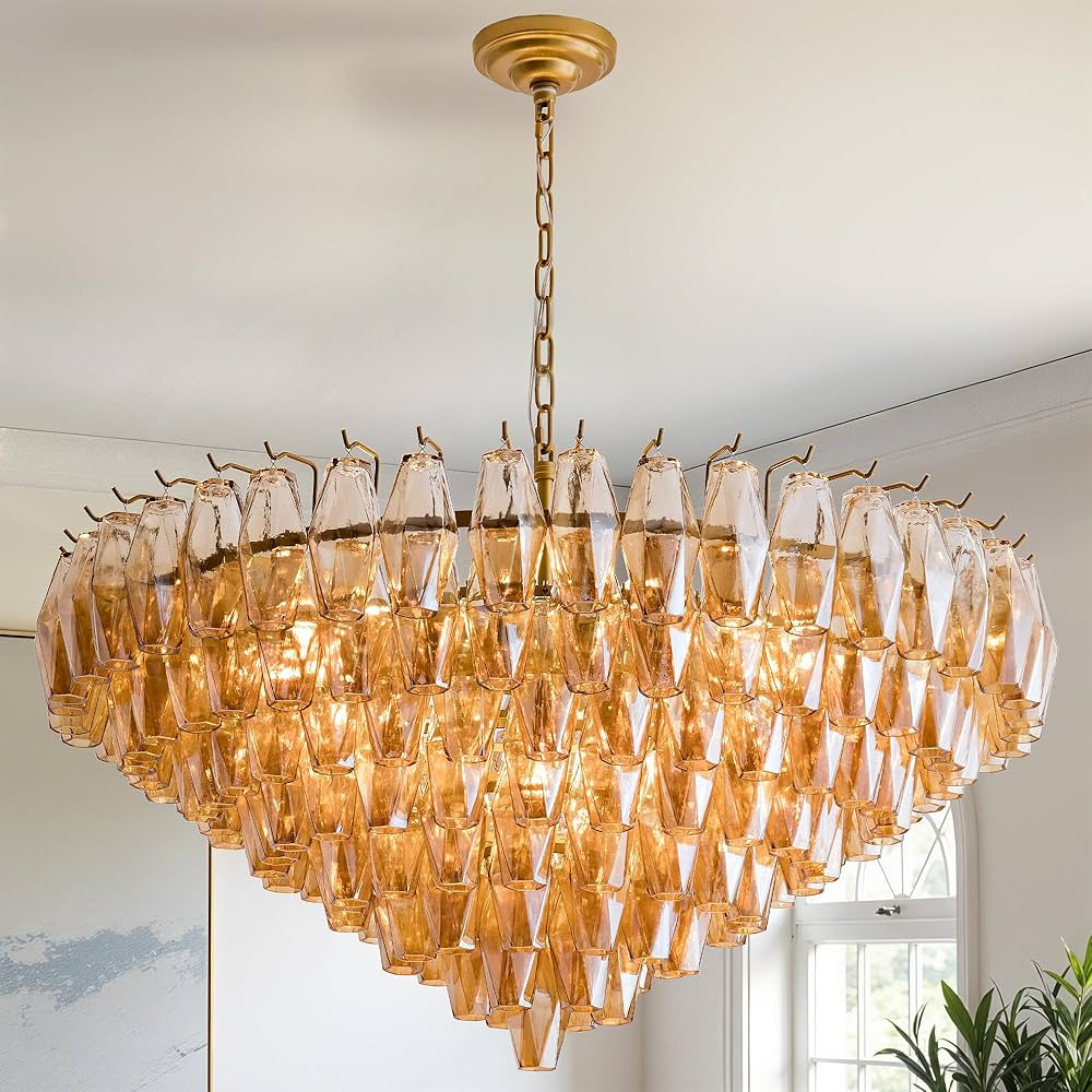 37" Extra Large Chandelier, 14-Light Gold Modern Round Chandelier for Living Room, Tiered Smoke B... | Amazon (US)