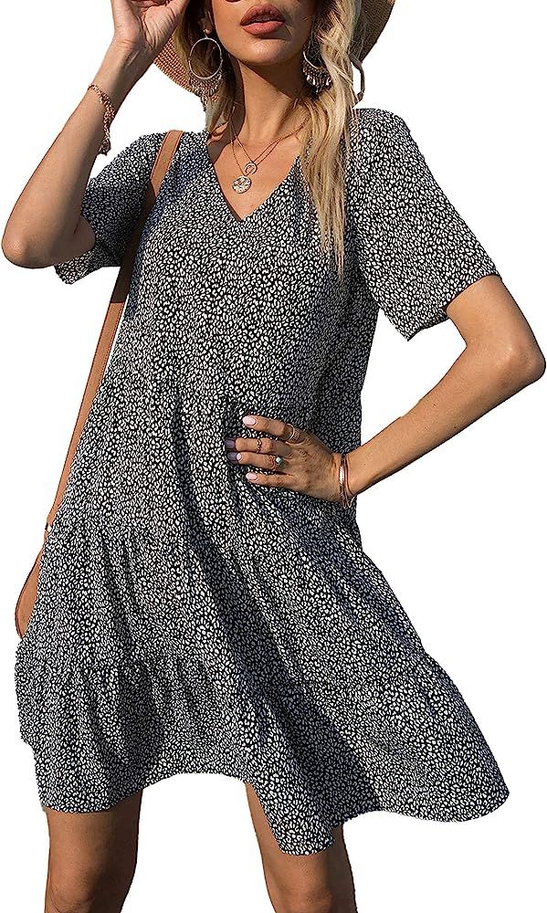 BTFBM Women Summer Tunic Dress V Neck Short Sleeve Casual Loose Cute Leopard Floral Print Babydoll S | Amazon (US)