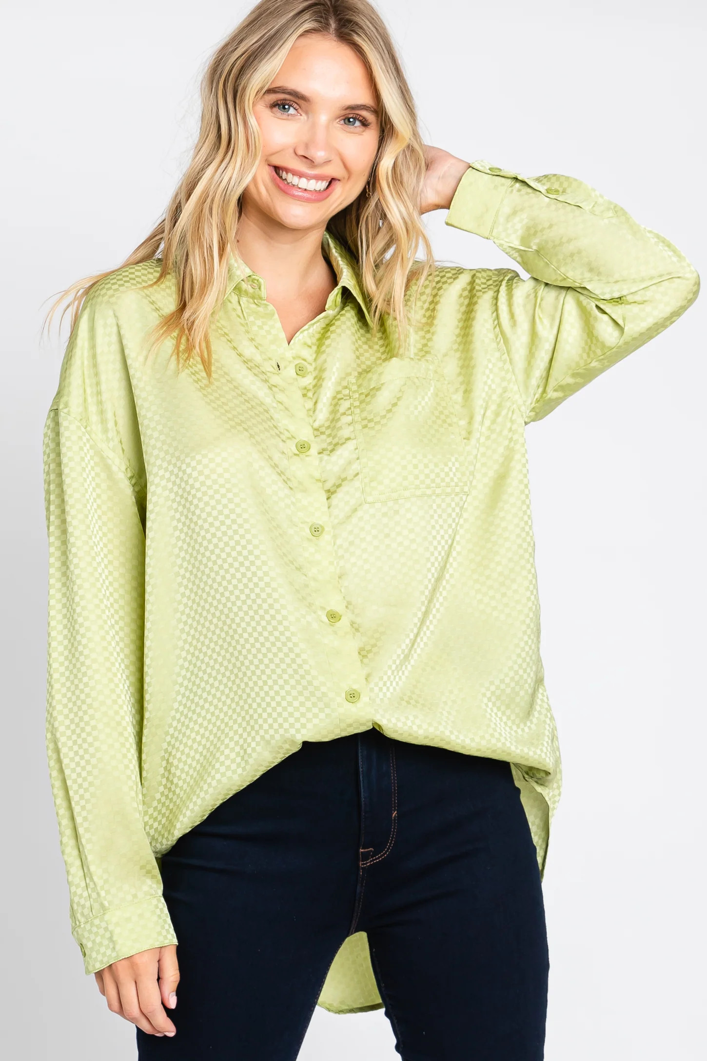 Lime Satin Checkered Print Blouse | PinkBlush Maternity