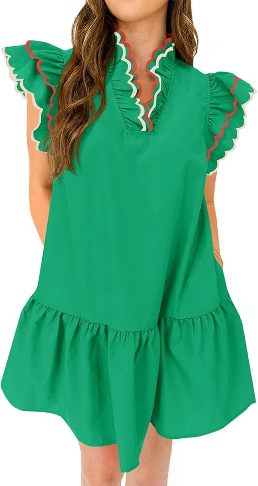 Wenrine Womens Summer Mini Dress Ruffle Short Sleeve V Neck Contrast Trim A Line Casual Loose Bea... | Amazon (US)