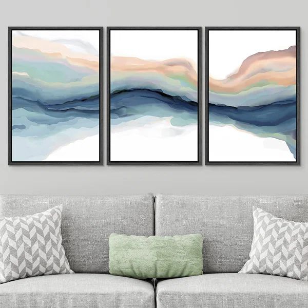 Pastel Watercolor Teal Brown Multicolor Paint Stroke Abstract Landscape Framed On Canvas 3 Pieces... | Wayfair North America