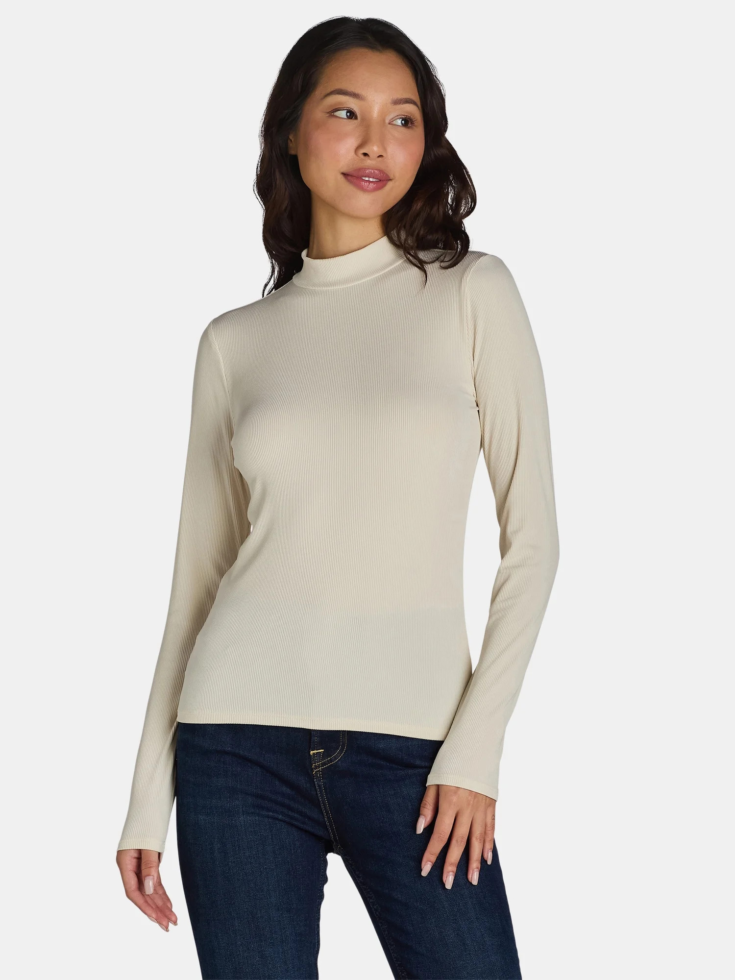 No Boundaries Ribbed Mock Neck Top with Long Sleeves, Women’s and Women’s Plus | Walmart (US)