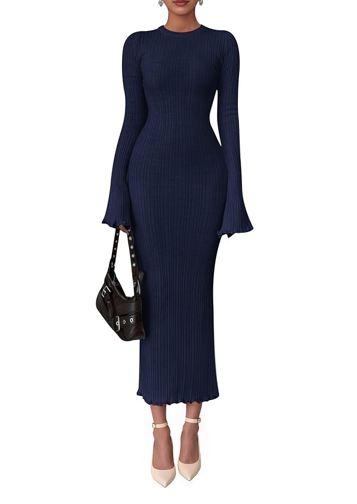 PRETTYGARDEN Sweater Dresses for Women 2025 Fall Bell Long Sleeve Crew Neck Bodycon Maxi Dress Wi... | Amazon (US)