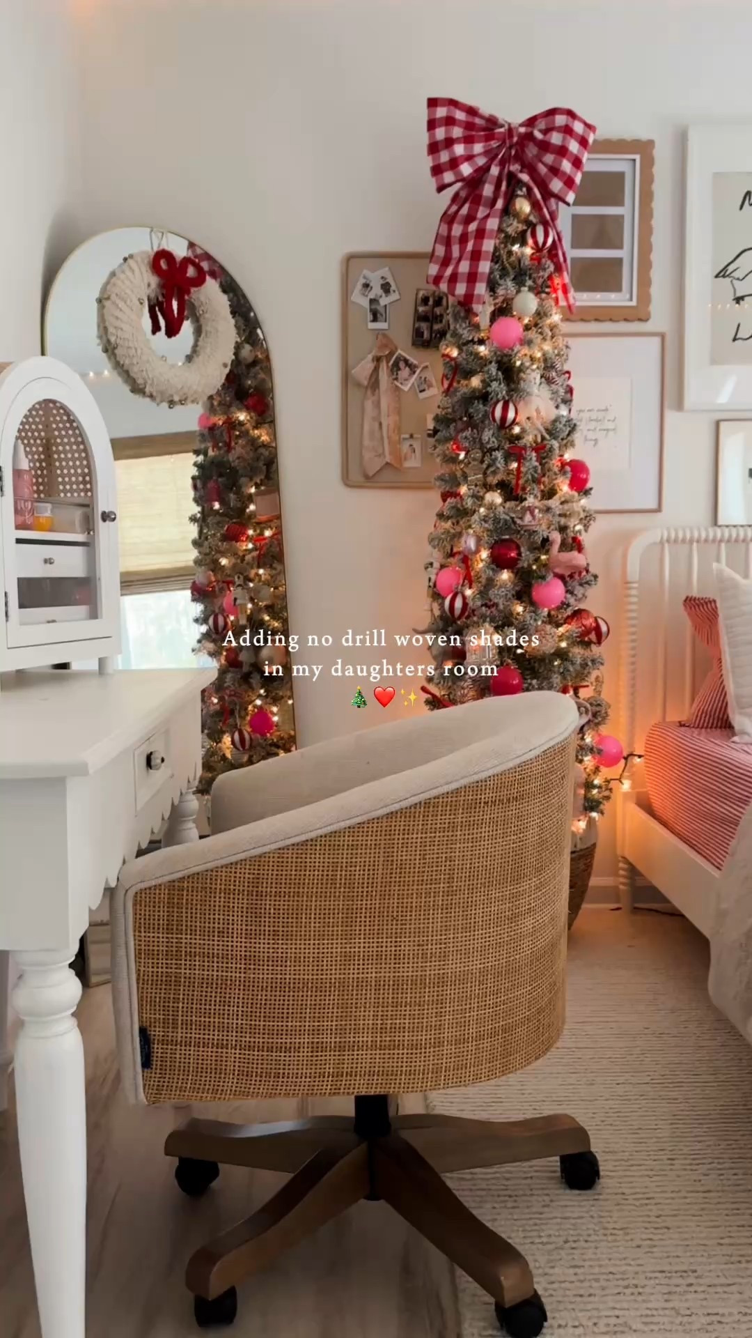 My daughter’s room for Christmas + a discount code for her woven wood shades. 
Use code HOMEOFUANDME5 for an extra 5% off on top of any current sales ❤️
Here’s exactly what I ordered from @selectblinds:
• Elevated Coastal Woven Wood Shades
• Color: Serenity Sand
• Mount Type: Inside
• Lift Style: Cordless Lift
• Valance: 6” Valance
• Built-in No-Drill design
Festive, functional, and perfectly coastal for her Christmas room 🤍✨

#LTKSeasonal #LTKHome #LTKHoliday
