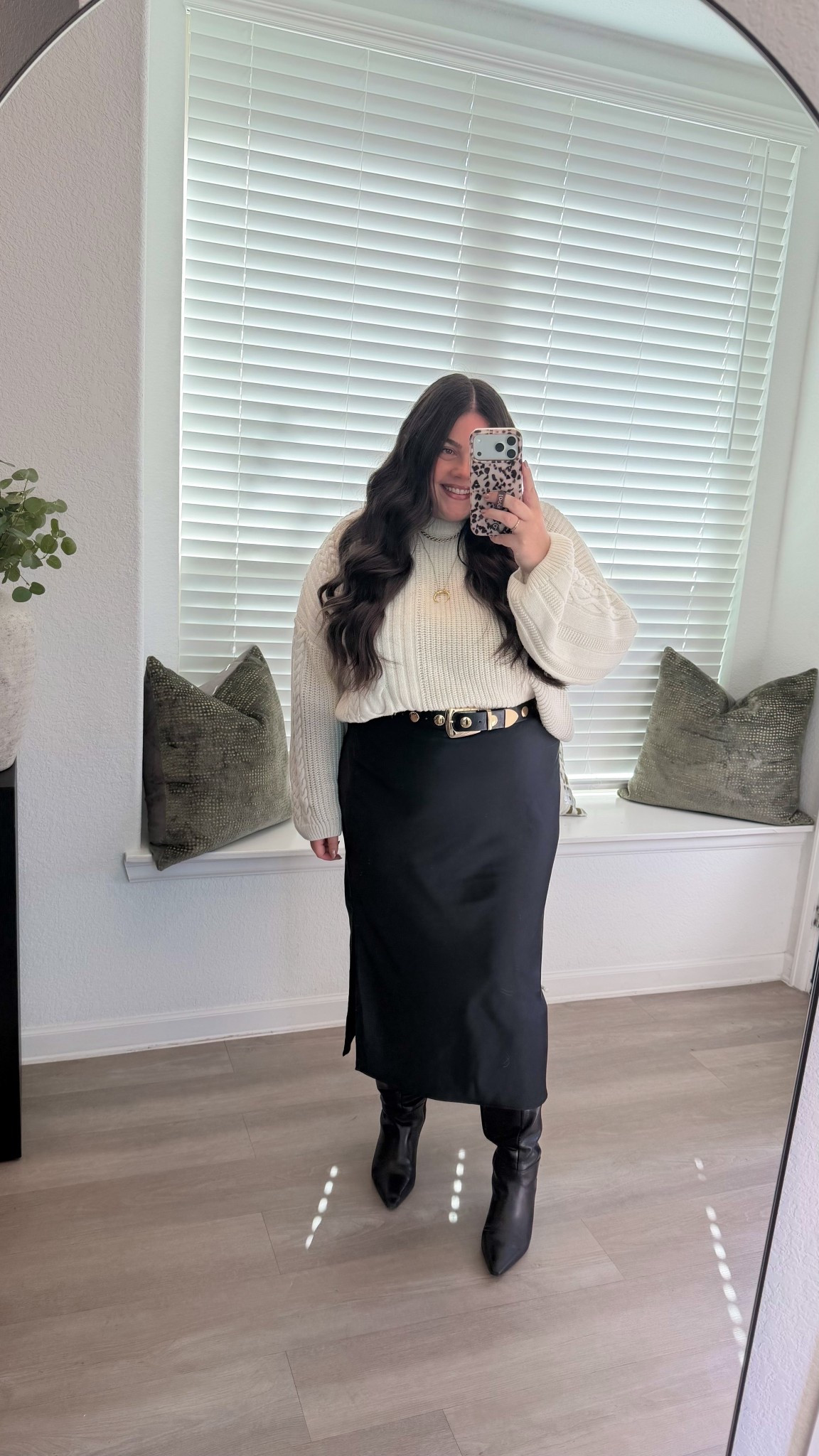 Fall outfit. Fall midi skirt outfit. Silk midi skirt. Satin midi skirt. Midi skirt with belt. Skirt with sweater outfit. Winter outfit. Wide calf boots. Statement belt.

#LTKParties #LTKHoliday #LTKSeasonal