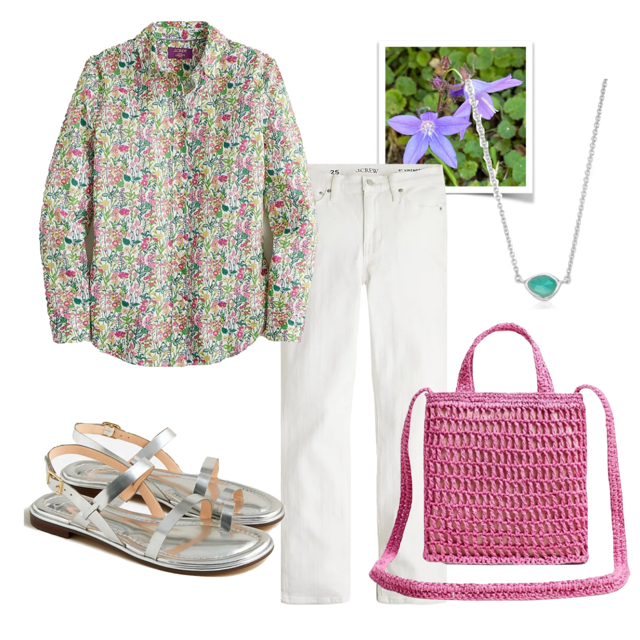 An easy look in a Summer seasonal palette: Liberty print shirt, white jeans, silver sandals 

#LTKstyletip #LTKSeasonal