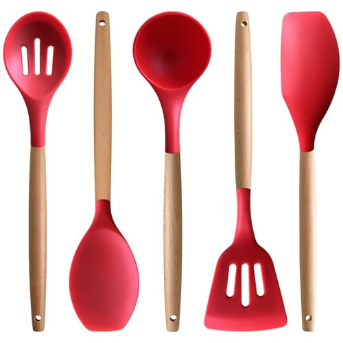 IOCBYHZ Silicone Cooking Utensils Set 5Pcs Non-Stick Silicone Kitchen Utensil for Cooking, Heat Resistant Kitchen Gadgets Spatula Spoon Turner Set w Wooden Handles for Nonstick Cookware BPA Free, Red | Amazon (US)