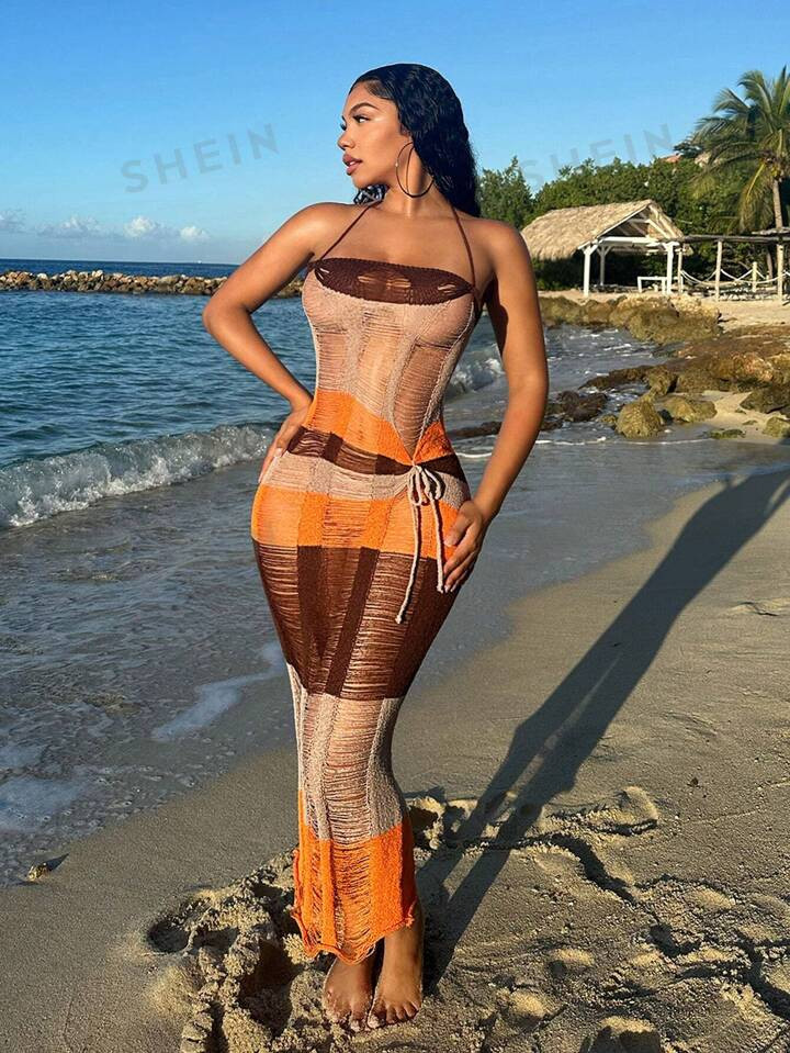 SHEIN SXY Summer Vacation Holiday Beach Multicolor Vintage Style Halter Slim Fit Long Sweater Dre... | SHEIN