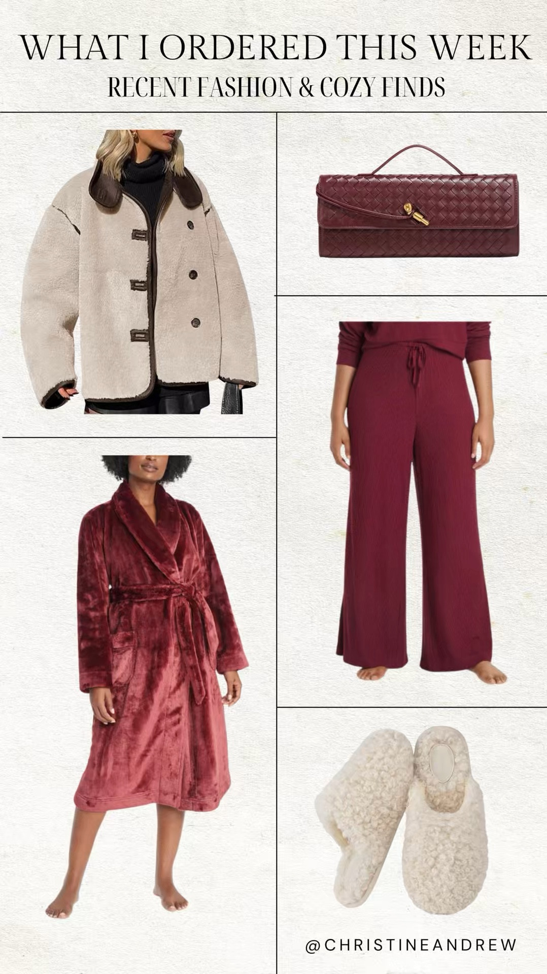 What I ordered this week - recent fashion and cozy finds 🤎 this burgundy robe is SO soft and cozy, I’m obsessed!  The robe, slippers and comfy pants would make amazing Christmas gifts for her ✨

Sherpa jacket, faux fur jacket, maroon robe, cozy robe, amazon finds, target finds, target fashion, amazon fashion, cozy slippers, gift guide, sister gift, friend gift, mom gift, teen girl gift, gift for her, girl gift, Ugg dupe slipper, bottega dupe bag, Christine Andrew 

#LTKVideo #LTKFindsUnder100 #LTKStyleTip
