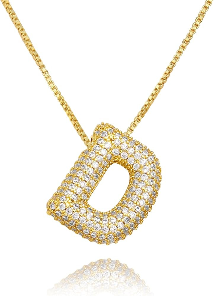 18K Bubble Letter Necklace Gold for Women, Chunky Gold Necklace Rhinestone Initial Necklaces as M... | Amazon (US)