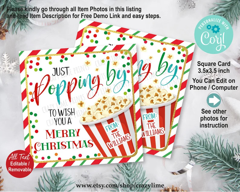 EDITABLE Christmas Popcorn Tag. Just Popping by to Wish You - Etsy | Etsy (US)