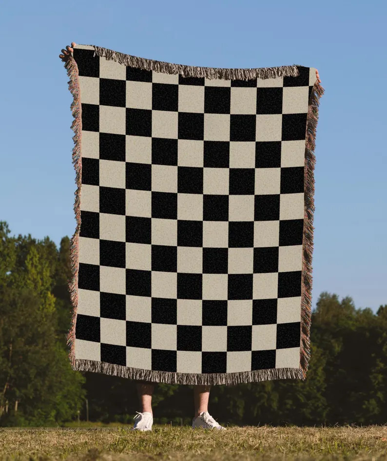 Checkered Pattern Woven Blanket, Black and White woven tapestry, Throw Wall Decor Aesthetic, Blan... | Etsy (Global)