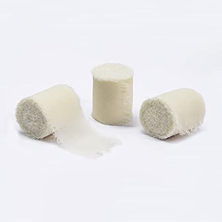 Vitalizart 3 Rolls Handmade Fringe Chiffon Silk Ribbon 1.5" x 7Yd Cream White Ribbons Set for Weddin | Amazon (US)