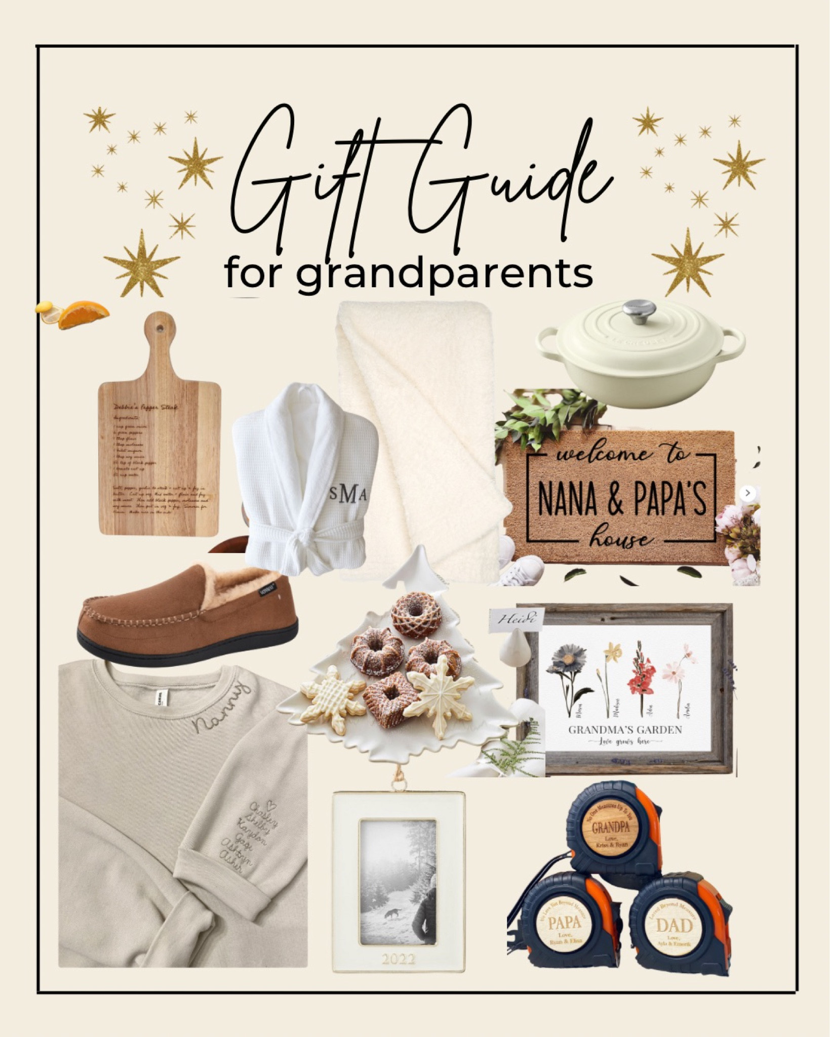 Grandparent gift guide. Walmart slippers. Personalized sweatshirt. Personalized door mat. Personalized robe. Cozy earth Blanket. Ornament. Personalized tape measure. Personalized garden gift. 

#LTKSeasonal #LTKfamily #LTKunder100