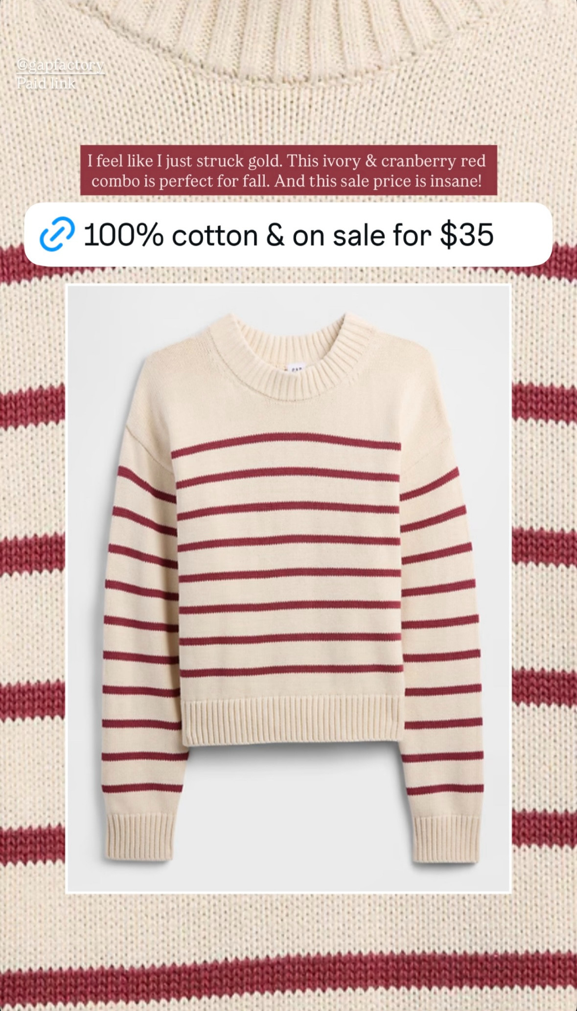 100% cotton & Currently on sale for $35!

Don't wait on this sweater! The ivory and cranberry red striped combo is perfect for fall and the holidays!

In my opinion, this fits very TTS. I wear a S.

striped sweater, crewneck sweater, 100% cotton sweater, fall sweater, fall style, fall outfit, holiday sweater, holiday style, Christmas sweater  

 

#LTKStyleTip #LTKSeasonal #LTKFallSale