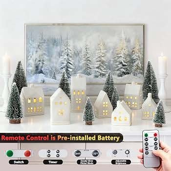 Christmas Village Set - 7 White Ceramic Houses with Remote LED Tea Lights and 8 Mini Trees, Farmh... | Amazon (US)