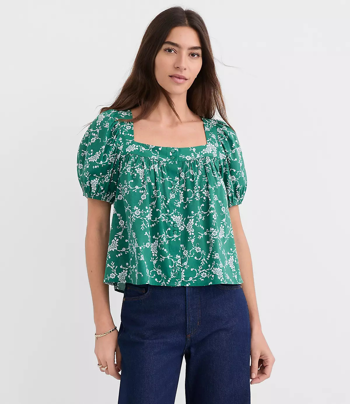 Bouquet Puff Sleeve Square Neck Blouse | LOFT