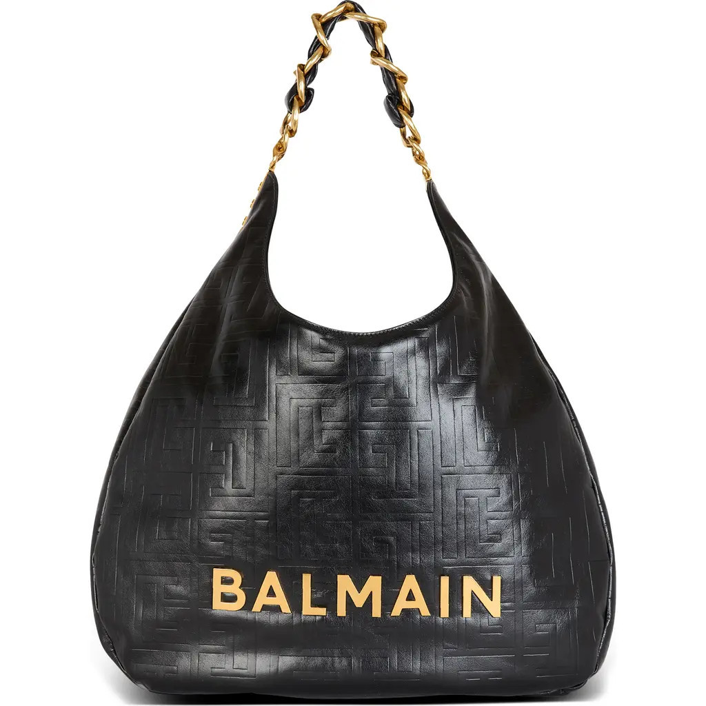 Balmain 1945 Soft Monogram Embossed Leather Hobo Bag in 0Pa Black at Nordstrom | Nordstrom