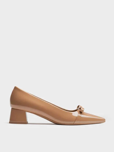Caramel Dorian Patent Bow Pointed-Toe Block-Heel Pumps | CHARLES & KEITH UK | Charles & Keith UK