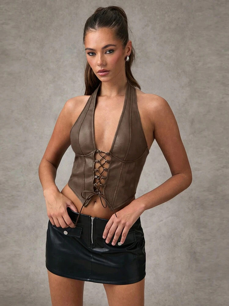 SHEIN BAE Women's Solid Color Halter Backless Lace Up Sexy Camisole Top Summer Black Corset Top H... | SHEIN