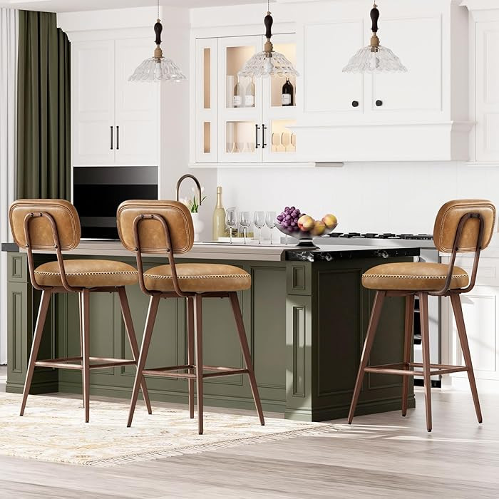 26“ PU Leather Swivel Bar Stools Set of 3, Mid Century Counter Height Bar Chairs with Low Back ... | Amazon (US)