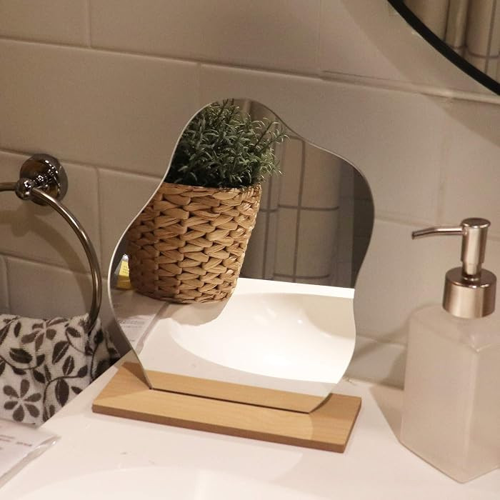 Irregular Aesthetic Vanity Mirror Frameless, Decorative Desk Tabletop Acrylic Mirrors with Wooden... | Amazon (US)