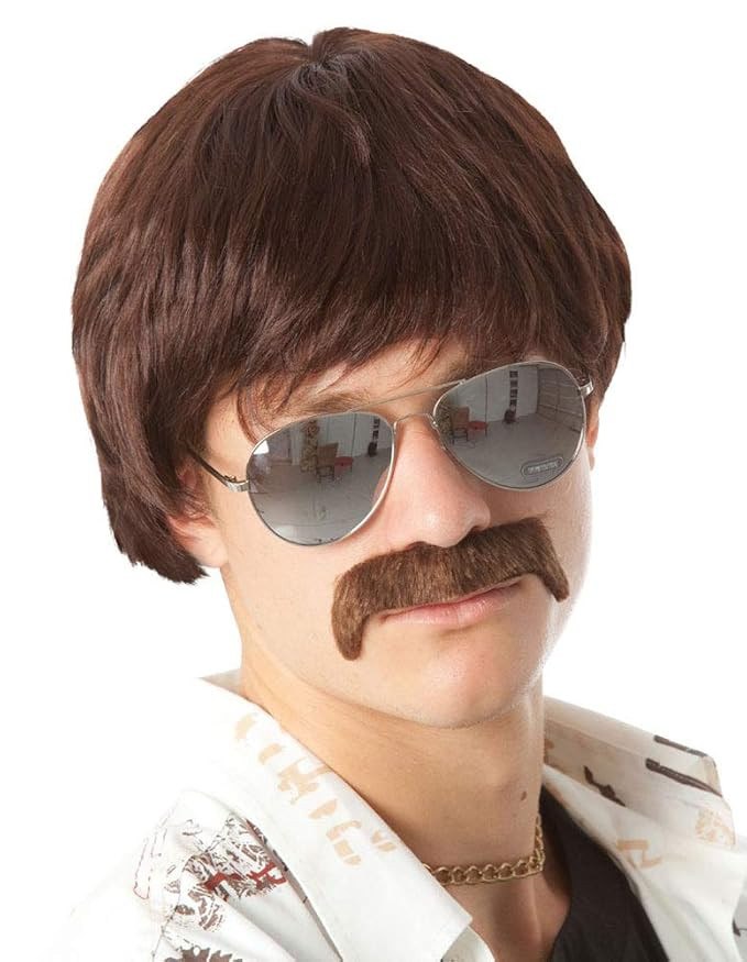 60s 70s Mens Costume Wig Short Brown Wigs + Mustache. Sonny Hippie 60s Singer TV Star Cop Detecti... | Amazon (US)