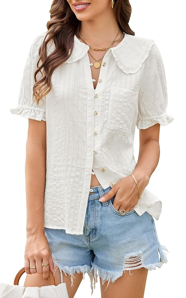 ECOWISH Women's Button Up Shirt - Peter Pan Collar Frilled Short Sleeve Summer Tops Casual Cotton... | Amazon (US)