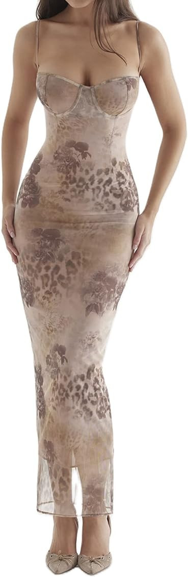 Women Vintage Floral Spaghetti Strap Maxi Dress Low Cut Backless Bodycon Sexy Mesh Going Out Dresses | Amazon (US)