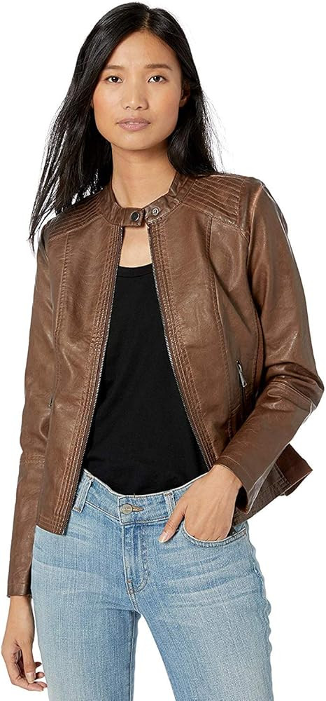 Sebby Collection Women's Faux Leather Jacket with Moto Details and Front Zip Pockets | Amazon (US)