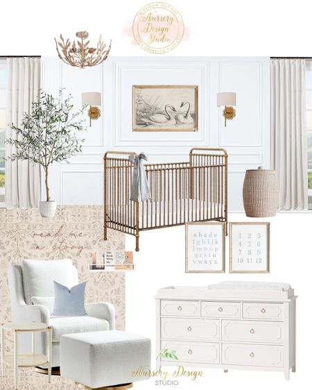 Gorgeous baby room inspiration, vintage gold crib, ivory rug, nursery swivel glider 

#LTKbaby #LTKbump #LTKhome