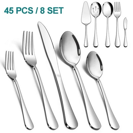 Vesteel 45 Pieces Silverware Set with Serving Utensils, Stainless Steel Modern Flatware Cutlery Set for 8, Eating Utensils Tableware Include Forks Knives Spoons, Mirror Polished & Dishwasher Safe | Walmart (US)