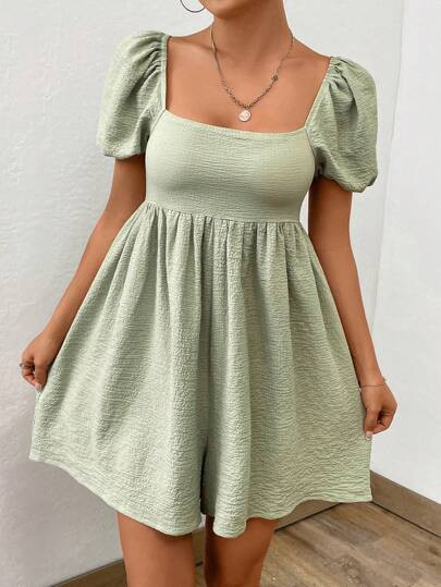 SHEIN EZwear Square Neck Puff Sleeve Romper | SHEIN