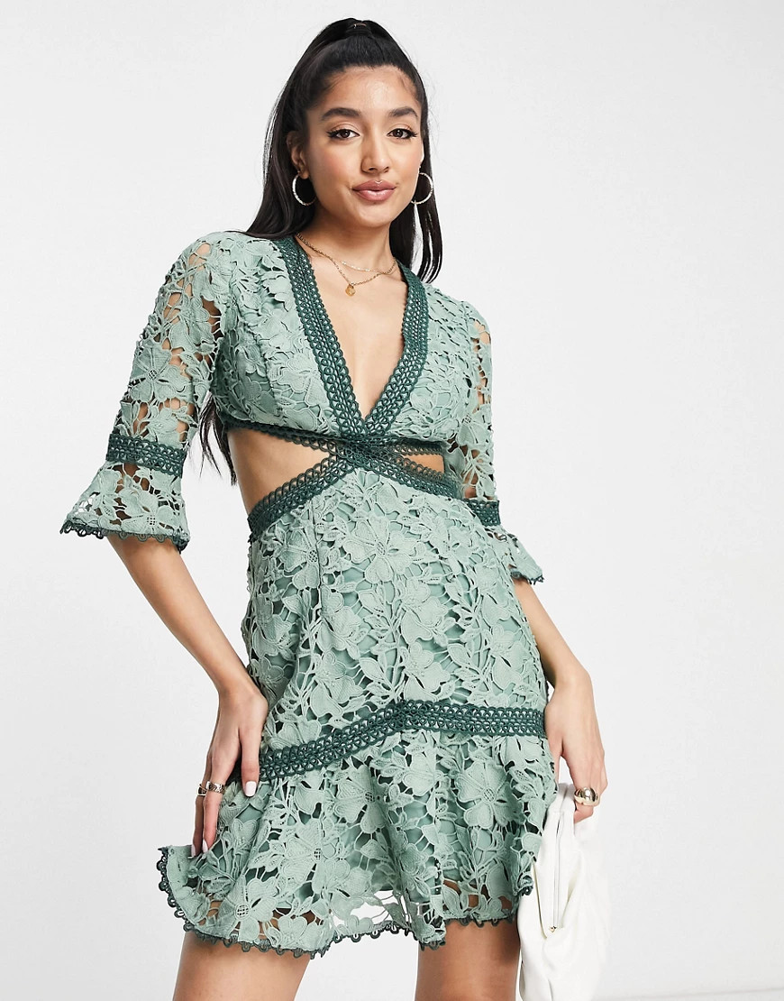 ASOS DESIGN lace mini dress with circle trim and cut out detail in sage green | ASOS (Global)