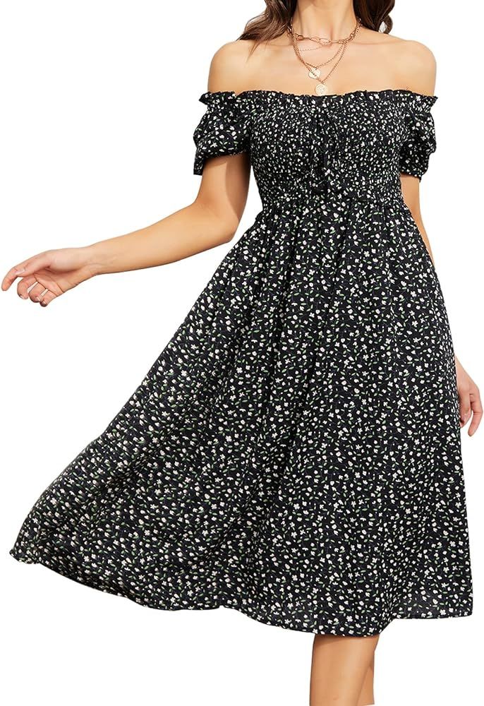 EXLURA Womens Square Neck Dress Puff Short Sleeve High Waist Smocked Ruffle Floral Sweetheart Nec... | Amazon (US)