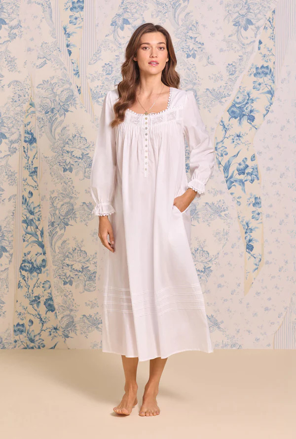 Iconic White Cotton Lawn Long Sleeve Ballet Nightgown | Eileen West