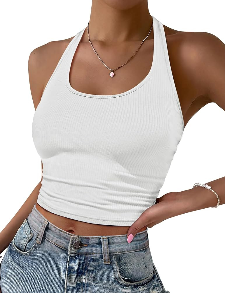 Ekouaer Women Halter Top Backless Scroop Neck Slim Stretchy Ribbed Knit Camisole Crop Tops S-XXL | Amazon (US)