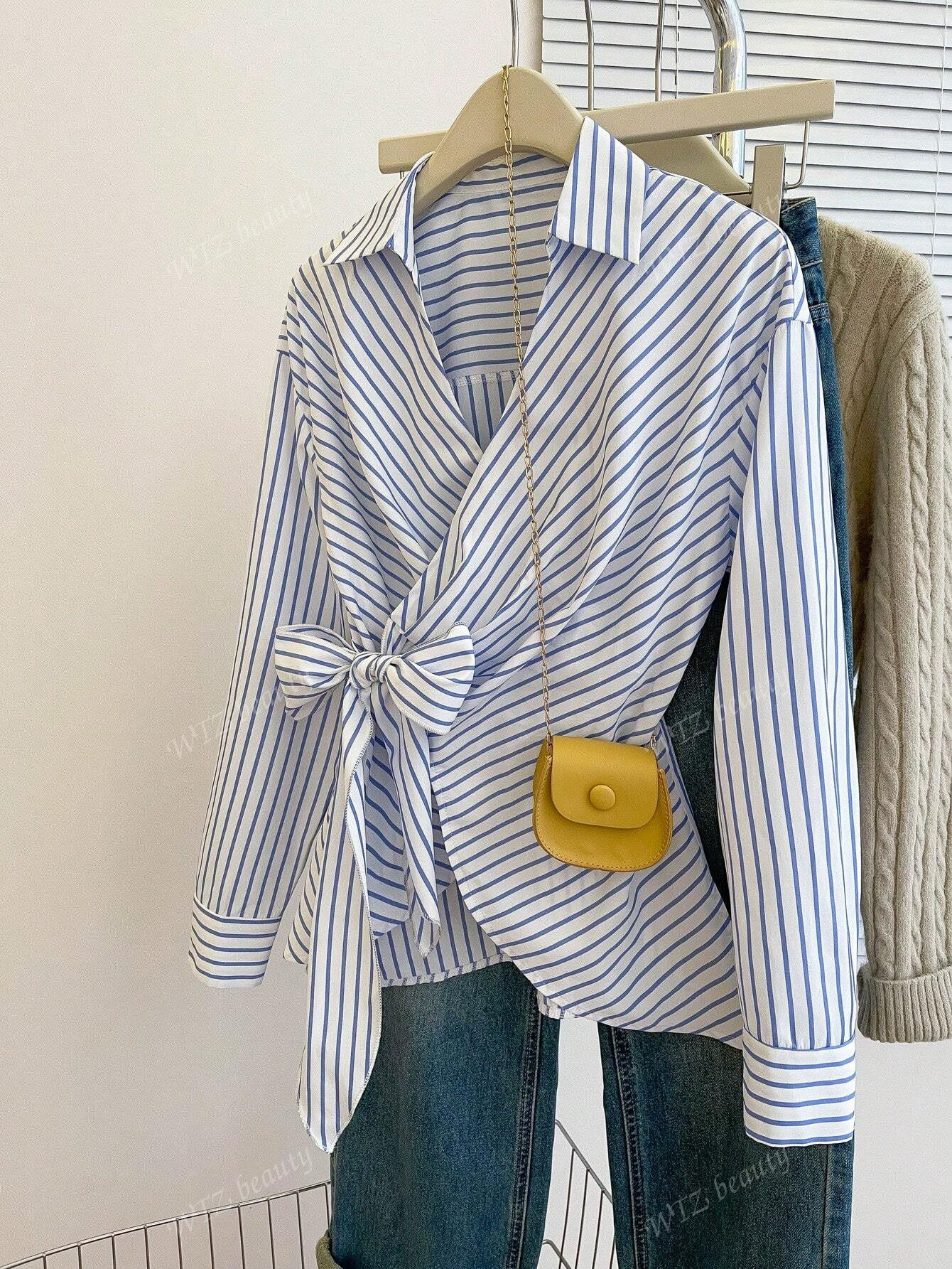 Women's Striped Bowknot Waist Long Sleeve Casual Business Shirt, Slim Fit | SHEIN