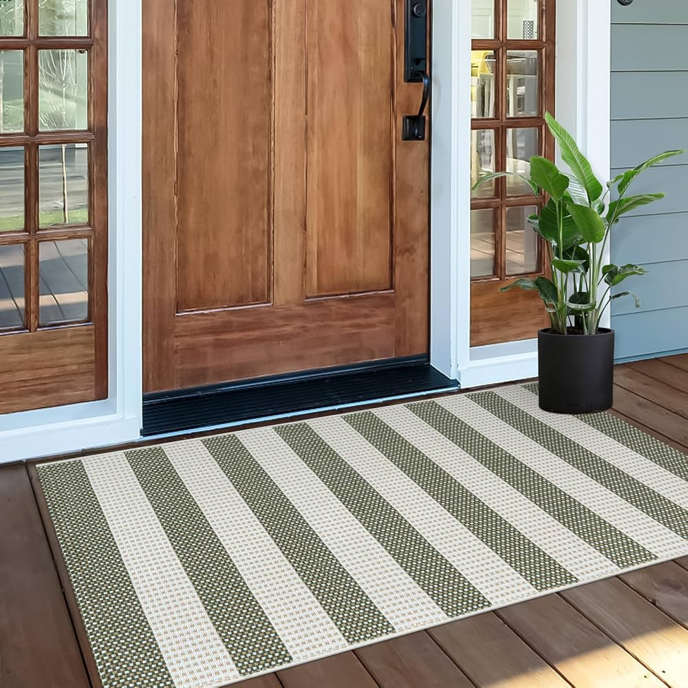 OJIA Green and White Striped Rug 24"x51" Washable Front Door Mat Hand Woven Entry Rug Cotton Indo... | Amazon (US)