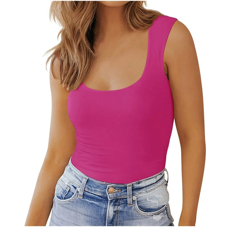 Nrmvnmi Women's Square Neck Tank Top Sleeveless Double Lined Basic Tops Hot Pink-L | Walmart (US)
