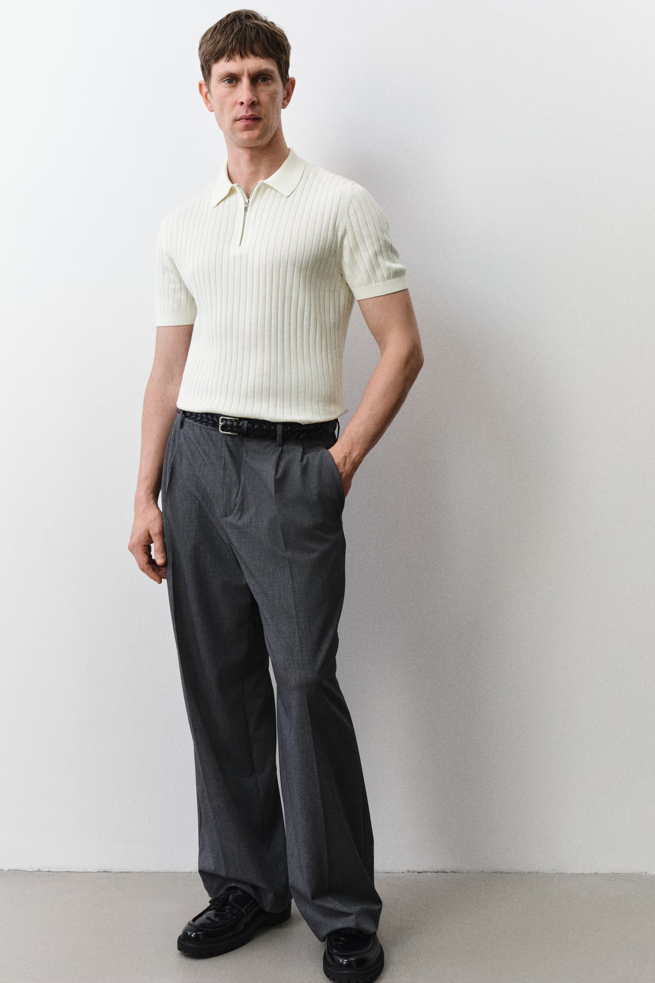 Slim Fit Rib-knit polo shirt - Cream - Men | H&M GB | H&M (UK, MY, IN, SG, PH, TW, HK)