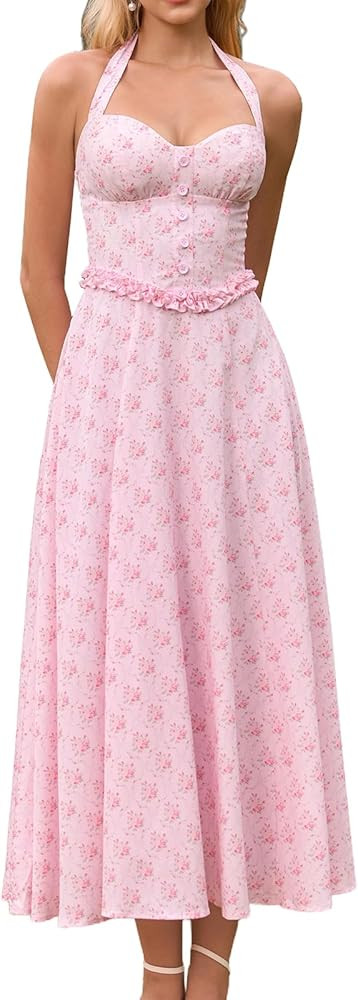 XinFSh Women's Summer Floral Halter Corset Wedding Guest Midi Dress Flowy A Line Tea Party Dresse... | Amazon (US)