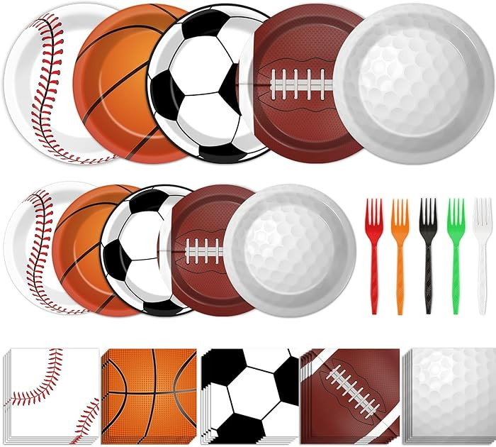 100 Pcs Sports Birthday Party Decorations Sports Themed Plates and Napkins Basketball Football So... | Amazon (US)