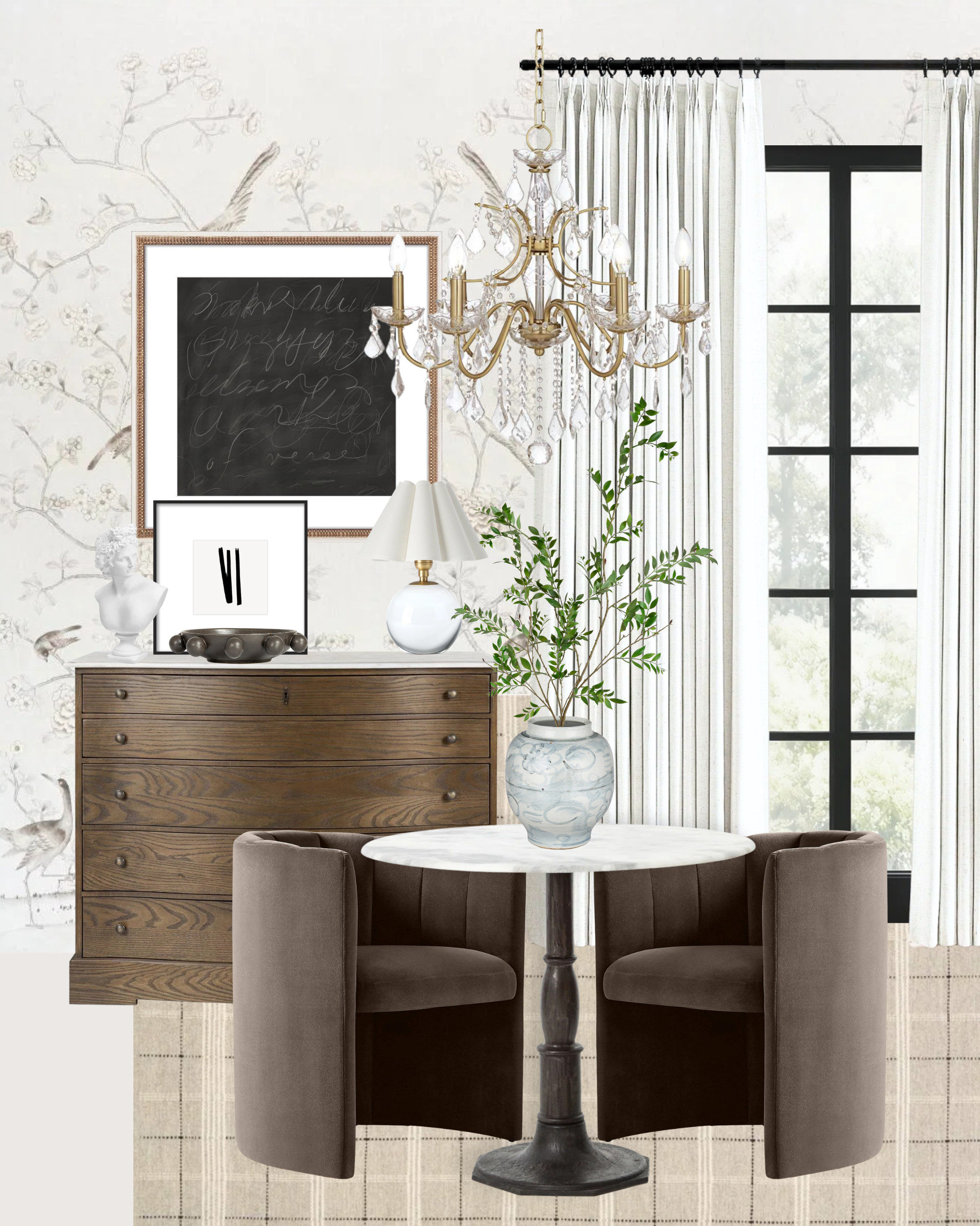 Updated Classic, But Make It Fresh 🤎✨

This is what happens when traditional bones meet modern restraint.
Nothing fussy. Nothing overly precious. Just layers that feel collected and intentional.

• Warm wood dresser for grounding
• Marble bistro table for contrast
• Sculptural barrel chairs in rich mocha
• Soft botanical wallpaper for movement
• Brass + crystal chandelier (because drama is allowed)
• Tailored ivory drapery to frame it all

It’s giving European apartment energy without trying too hard.
Moody, warm, refined — but still livable.

If your dining space feels flat, it’s probably missing contrast:
dark + light, matte + shine, wood + stone. 

 #LTKHome