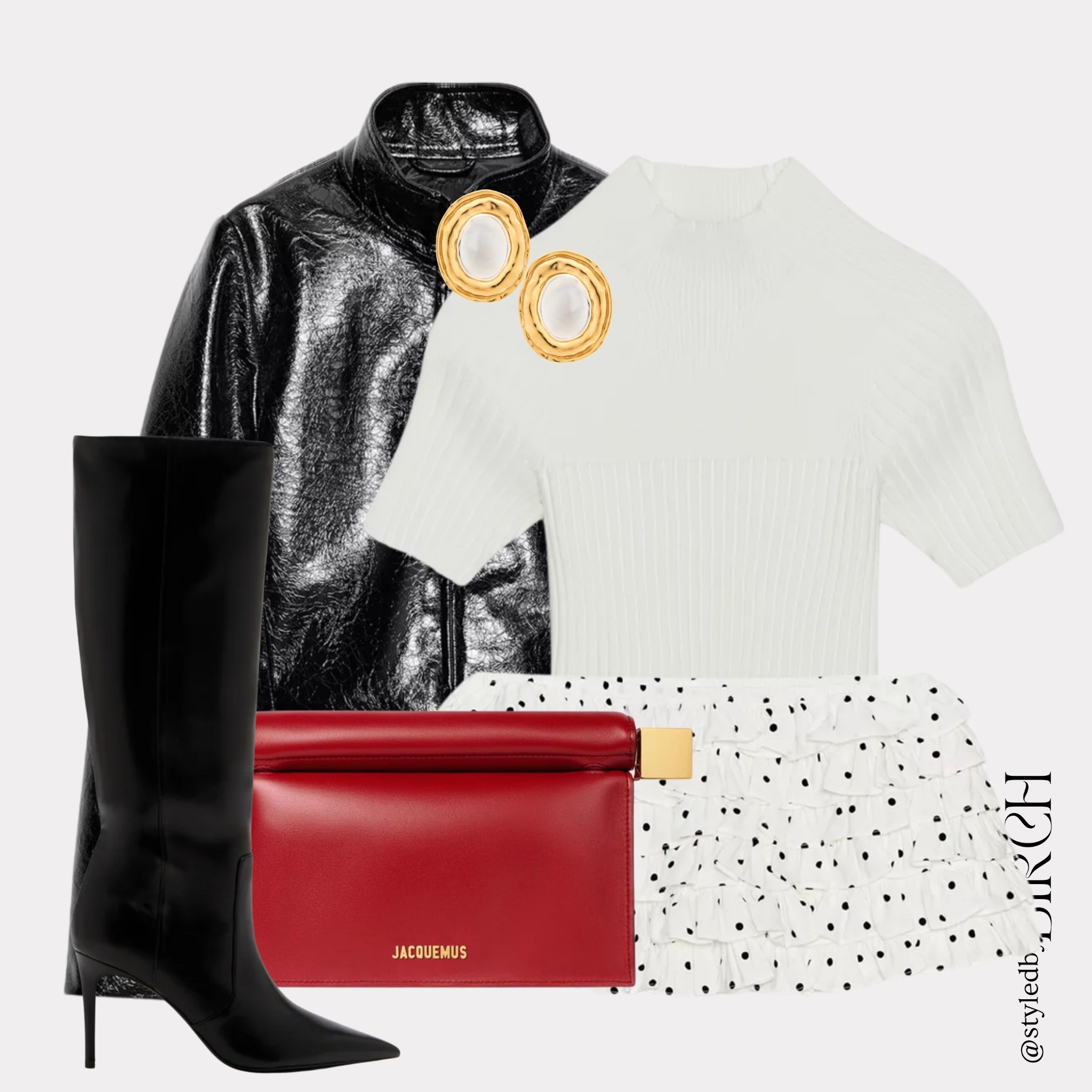 Okay these shorts are too cute not to talk about 😭 And that pop of red? Chef’s kiss. ❤️ 

Tags 🏷️ 
White ribbed short sleeve knit top, white polka dot ruffle shorts, black leather jacket, black pointed knee-high heeled boots, red Jacquemus clutch, gold statement earrings

#LTKTall #LTKSeasonal #LTKootd
