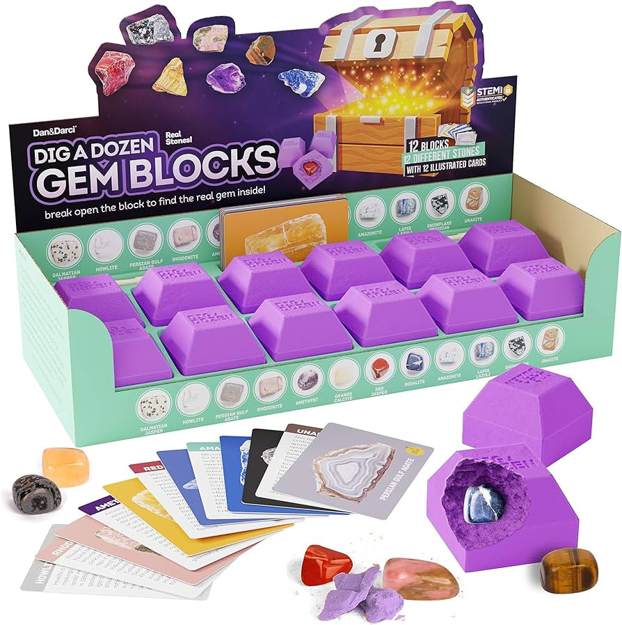 Dan&Darci Dig a Dozen Gem Blocks Mining Kit for Kids - Discover 12 Unique Real Gemstones, Mineral, Rock, Crystals Collection - Archaeology Science Easter Gift Toys Set for Boys & Girls Age 8-12 Gifts | Amazon (US)