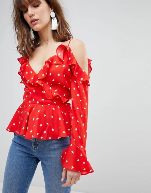 ASOS DESIGN Ruffle Wrap Top with Cold Shoulder in Star | ASOS US