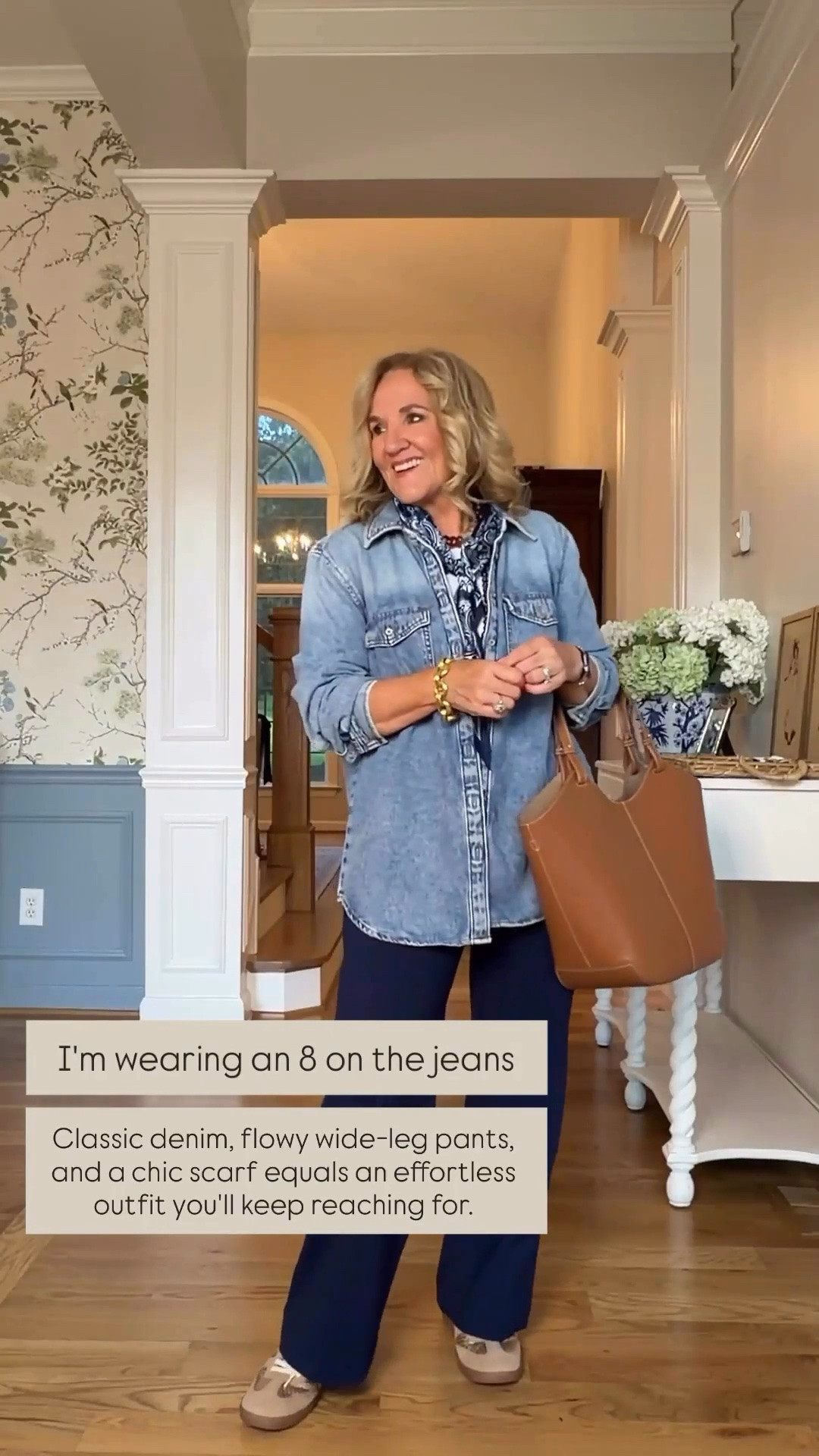 These flowy wide-leg jeans are such a flattering fit! I'm wearing a size 8, and paired them with a classic denim shirt and printed scarf for an effortless outfit you'll reach for all season long.

💡 LTK MADE EASY
❤️ Heart = Support my posts!
🔖 Save = Get sale & restock alerts
📋 Lists = Keep favorites organized
📲 Share = Send lists and products to a friend. Hello, Christmas List!
💬 Comment = Ask me anything about what I'm wearing.:-)

#LTKootd #LTKOver40 #LTKdayinmylife