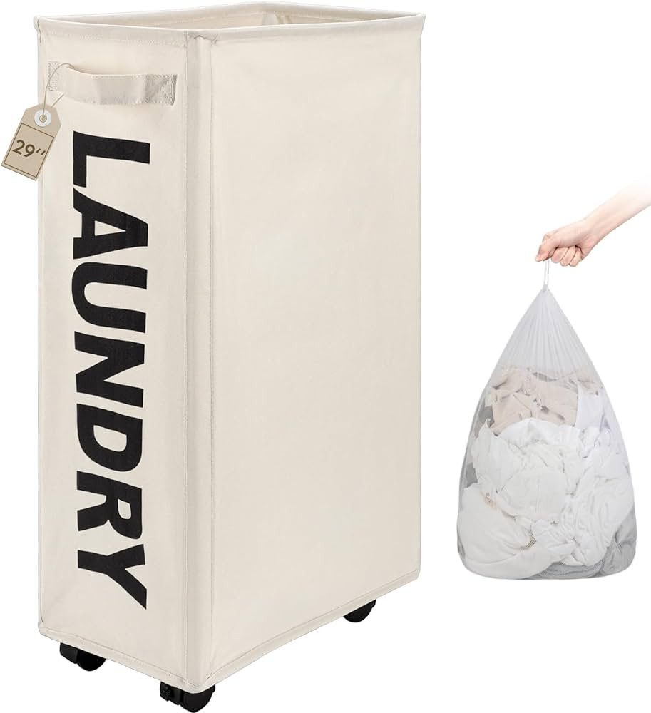 TOTANKI X-Large Slim Rolling Laundry Basket on Wheels (4 Colors), Foldable Laundry Hamper with Ha... | Amazon (US)