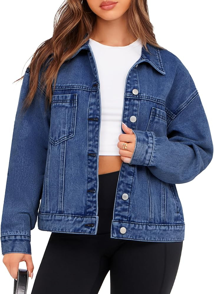 Glamaker Womens Oversized Jean Jacket Casual Long Sleeve Button Down Denim Jacket Fall Coat | Amazon (US)
